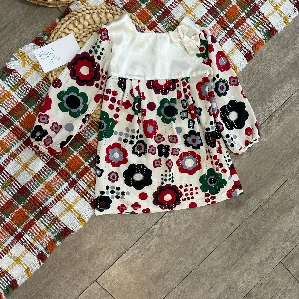 Y2K Children’s Place Girl Christmas Satiny Hippy Floral Dress Size 24 Months